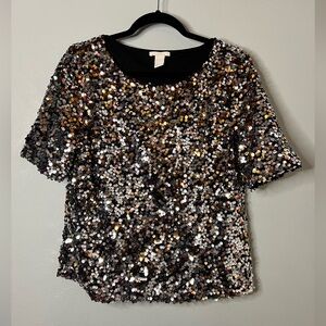 H&M Short Sleeve Sequin Cropped Top — Black, Gold & Silver